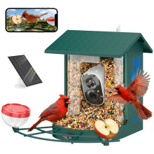 Vogelfutterhaus mit 2K-Smart-Kamera, eichhörnchensicherem Stahlgehäuse, Solarpanel, 30 x 34,5 x 26,3 cm, grün