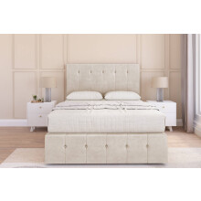 (4' Small Double, Cream) Sloomy Cambridge  Plush Divan Bed Base 2 Drawers Right Side With 54" Floor Standing Headboard & 12" Matching Footboard 2'6