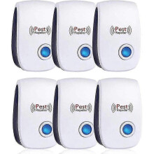 A 6-pack of an ultrasonic mouse and rat repellent, effective against mice, rats, flies, mosquitos, pests, spiders, and cockroaches.