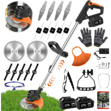 Cordless Strimmer, 24V Electric Grass Trimmers with 6x Metal Blades & 10x Plastic Blades, Telescopic Garden Strimmer with 2X 4000mAh Batteries