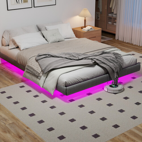 Grey Floating Double Bed Frame with LED Lights