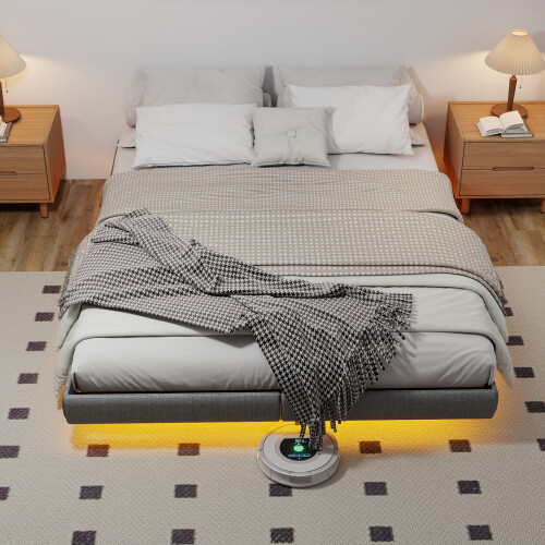Grey Floating Double Bed Frame with LED Lights 1