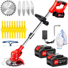 21V Cordless Strimmer & Electric Grass Trimmer for UK Gardens, Brush Cutter with 2x Batteries, 15-Blade Set, Telescopic Lightweight Strimmer