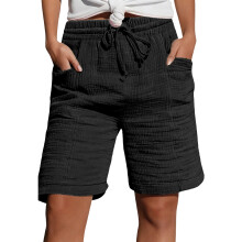 Women's High Waist Belted Polyester Shorts With-Black XL
