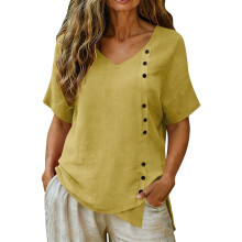 Linen Top for Women Casual V Neck Short Sleeve-Yellow XXL