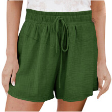 Womens Cotton Linen Shorts Elastic Waist Pleated Beach-Green L