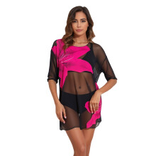 Set of 3pcs Women's Bathing Suit Breathable Mesh-rose red XL