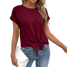 Womens Top Cap Sleeve Tie Front Shirts Business-Burgundy S