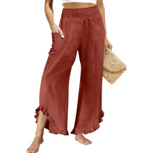 Pantalon de Lino para Mujer Cropped Linen Pants Women-Red M