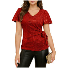 Women's sequined top, shimmering ruffled sleeve blouse,-Red M
