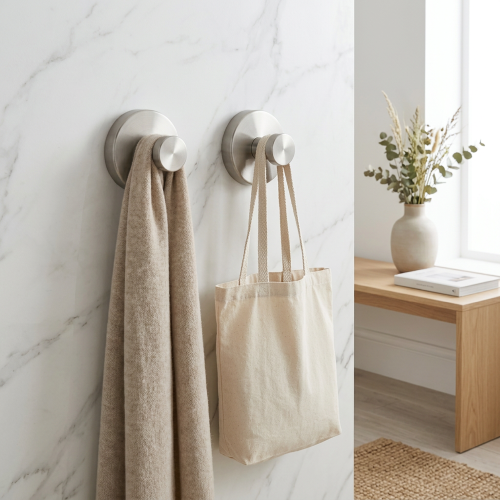 Self-adhesive Shower Suction Towel Hook Set, Silver 1