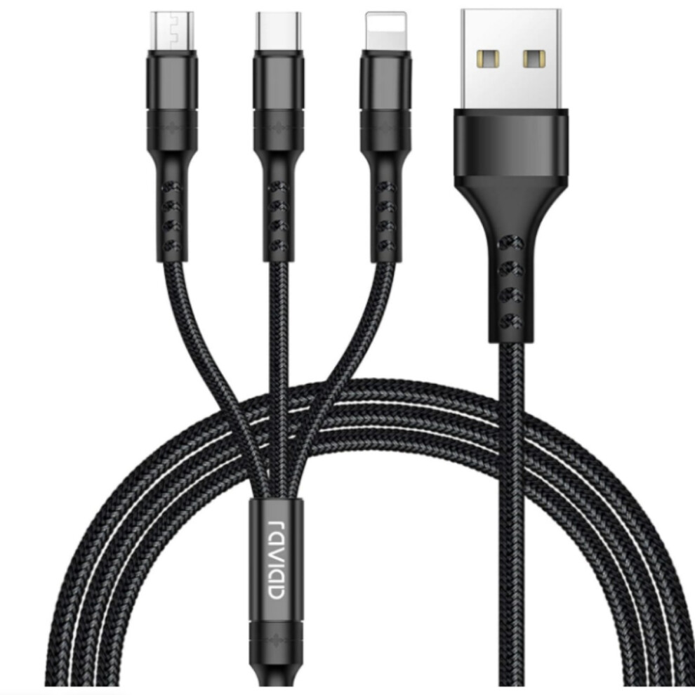 3 In 1 Charger Cable 3A Usb Fast Charging Cord [1.2M] Multi Charging Cable Type Cable Connector For Iphone, Samsung, Huawei, Sony, Lg, Ps5- Black 9366410238725
