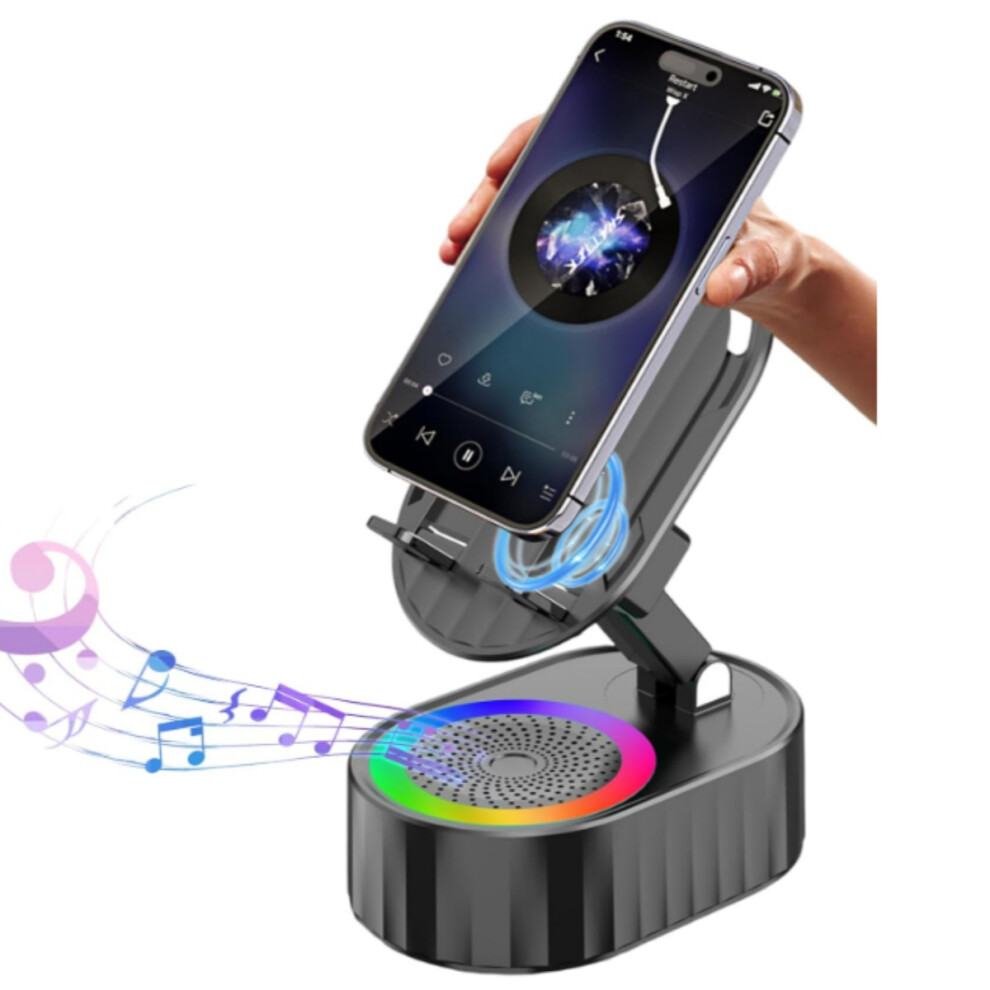 Wireless Induction Audio Bluetooth Speaker 5In1 Phone Holder Emergency Rechargeable (3000Mah) With Colorful Ambient 300 (Black) Light/Black 9366410237131