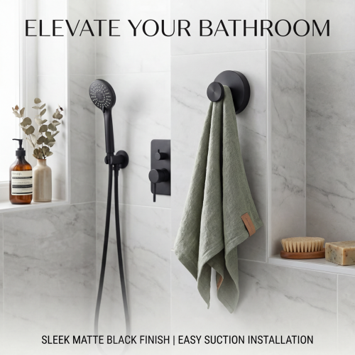 Self-adhesive Shower Suction Towel Hook Set, Black 1