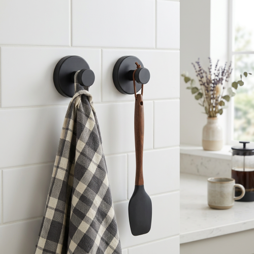 Self-adhesive Shower Suction Towel Hook Set, Black 2
