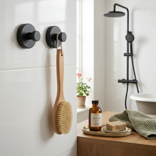 Self-adhesive Shower Suction Towel Hook Set, Black 1