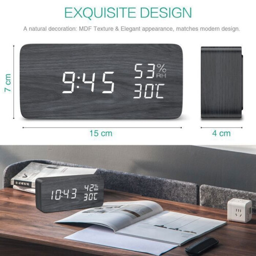 Digital Alarm Clock, LED Alarm Clock with Adjustable Brightness, Temperature and Humidity Display 1