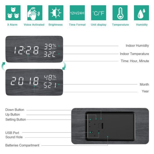 Digital Alarm Clock, LED Alarm Clock with Adjustable Brightness, Temperature and Humidity Display 2