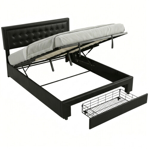 Homcom HOMCOM PU Leather King Bed Frame with Storage and Adjustable Headboard Black 1