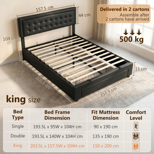 Homcom HOMCOM PU Leather King Bed Frame with Storage and Adjustable Headboard Black 2