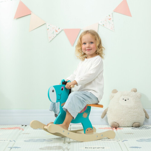 Âne à bascule pour bébé avec poignées, balançoire et siège à bascule, bleu-vert 2