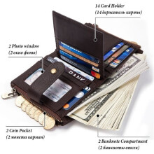 Men's Genuine Leather Wallet with RFID Blocking, Zipper Closure, 16 Card Slots, Card Holder (Black)