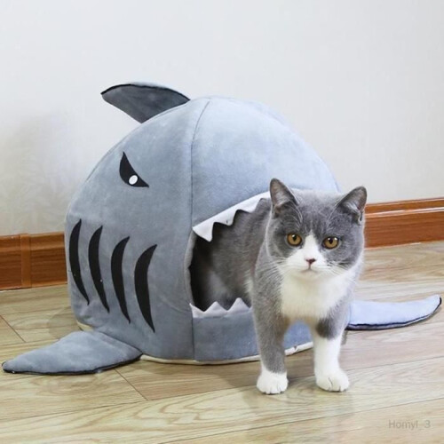 Pet Bed - Shark - Soft and Washable Velvet Sleeping Nest - White/Blue - Rectangular 2