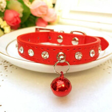 Crystal Dog Collar with Adjustable Safety Buckle and Bell, PU Leather Puppy Dog Cat Collars (Red)
