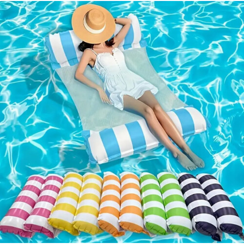 (Blue Leaf Float) Inflatable Foldable Striped Floating Bed Water Lounger Pool Hammock Lounge Float Raft 1