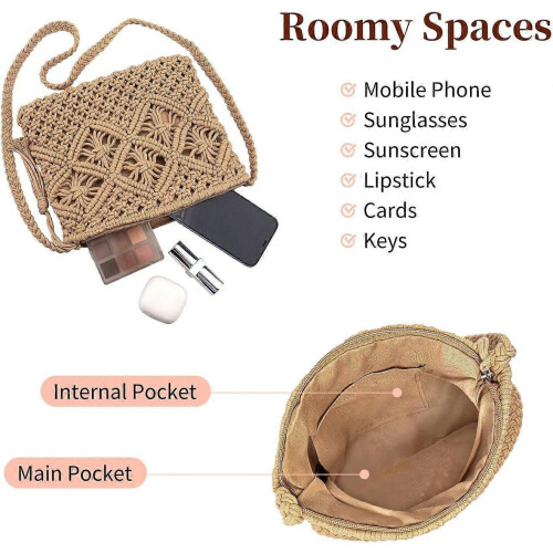 Τσάντα Crossbody Μποέμ για γυναίκες, Πλεκτό πορτοφόλι ώμου για καλοκαιρινά ταξίδ 1