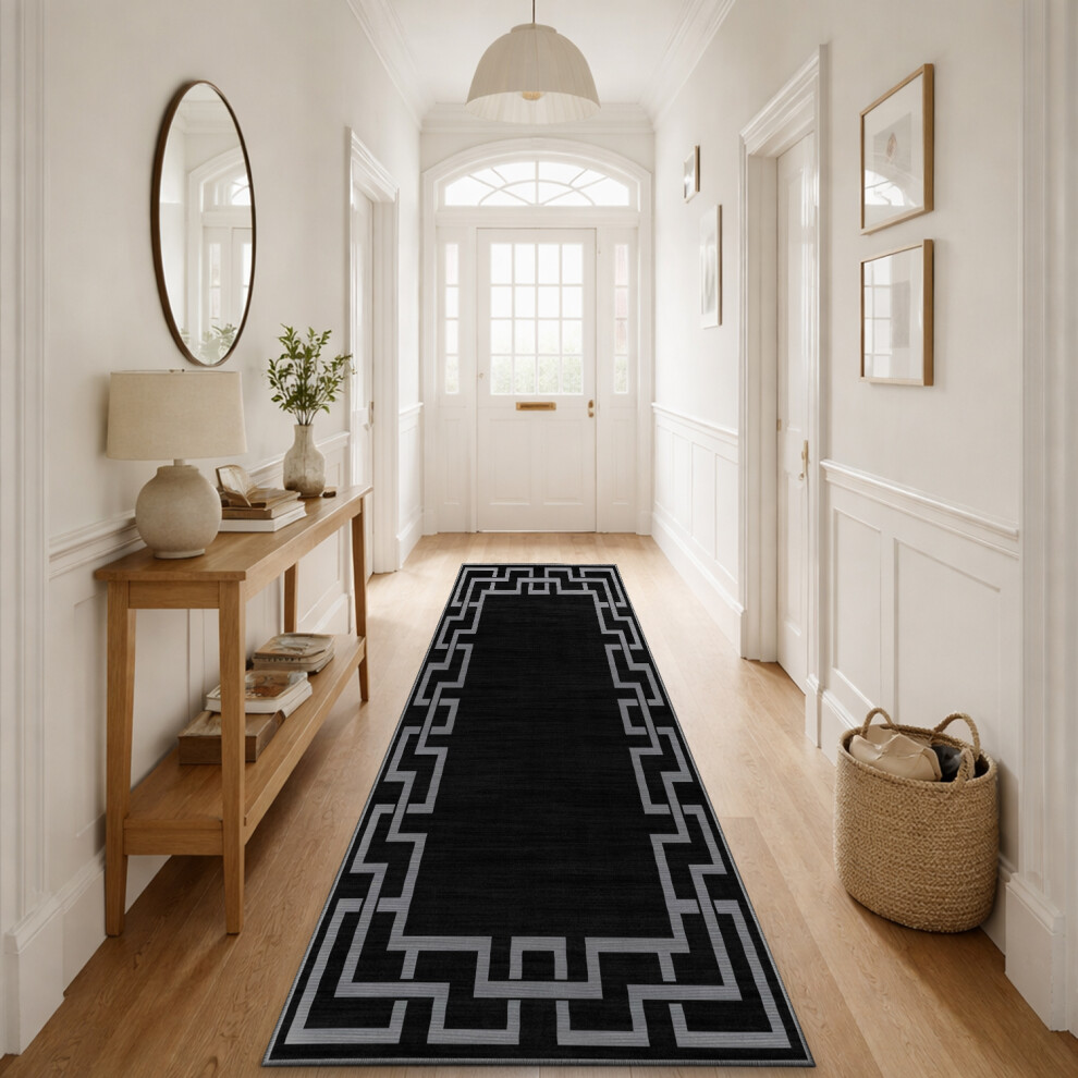 Aspire Homeware (60Cm X 220Cm (2Ft X 7Ft 3")- Modern Geometric Printed Runner Rug Indoor Outdoor, Grey) Non-Slip Rugs Printed Carpets Hallway Runner Mats Black