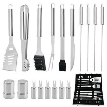 Ensemble de 18 accessoires de barbecue en acier inoxydable dans une mallette de transport en aluminium pour les grillades et le camping en plein air