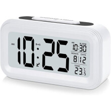 Réveil numérique avec écran LED 4,3 pouces, fonctionne sur piles, fonction snooze, facile à utiliser, blanc