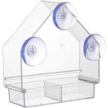 Mangeoire transparente pour oiseaux avec ventouses puissantes, plateau amovible, résistante aux intempéries et facile à remplir.