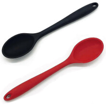Silicone Cooking and Baking Spoons Set - Black and Red Durable Plastic Utensils for Mixing and Serving