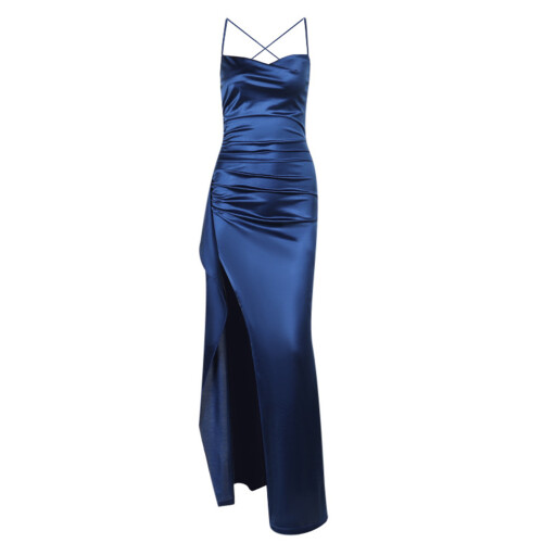 Women Sleeveless Spaghetti Strap Maxi Dress Backless-Blue M
