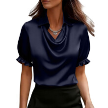 Womens Silk Tees Going Out Short Sleeve Blouses V-dark blue XXL