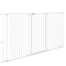 Witte stalen hondenpoort met 3 panelen, dubbel slot en geïntegreerde deur.