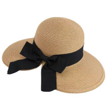 (Shallow coffee) Fashion Woven Straw Sun Hat Wide Brims Sun Blocking Foldable Design Hat with Bowknot Beach Outdoor Essential Headwear  Shallow coffee