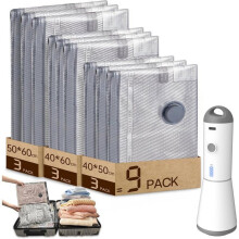 Vákuové vrecká na oblečenie s bezdrôtovou elektrickou vákuovou pumpou, 9 (3*40x50cm, 3*40x60cm, 3*50x60cm), opakovane použiteľné