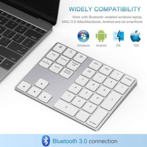 Wireless Numeric Keypad 34-Key Bluetooth Silver Slim Portable Keyboard for Laptop and Desktop Use