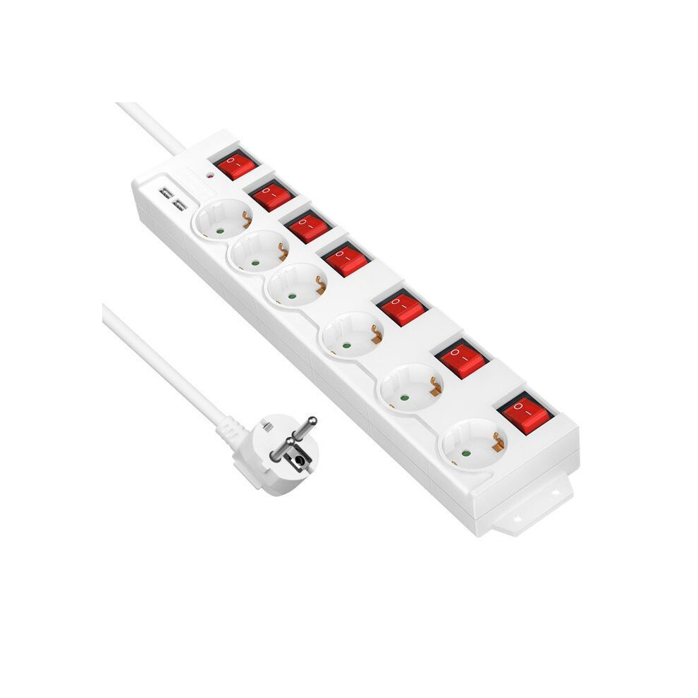 6 Way Power Strip 3680W 16A With 2 Usb Ports Individual Switches 2M Cable White Length 3153599222074