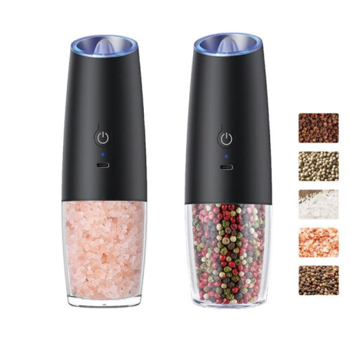 Electric Gravity Pepper Grinder Set 2 Pack 150ml, Durable Ceramic Mill, LED Light, Adjustable Coarseness