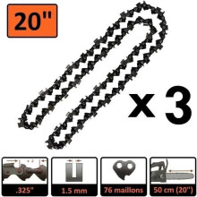 Catene per motosega, confezione da 3, lunghezza 20 pollici, 76 maglie motrici, spessore 1,5 mm, catene di ricambio resistenti.