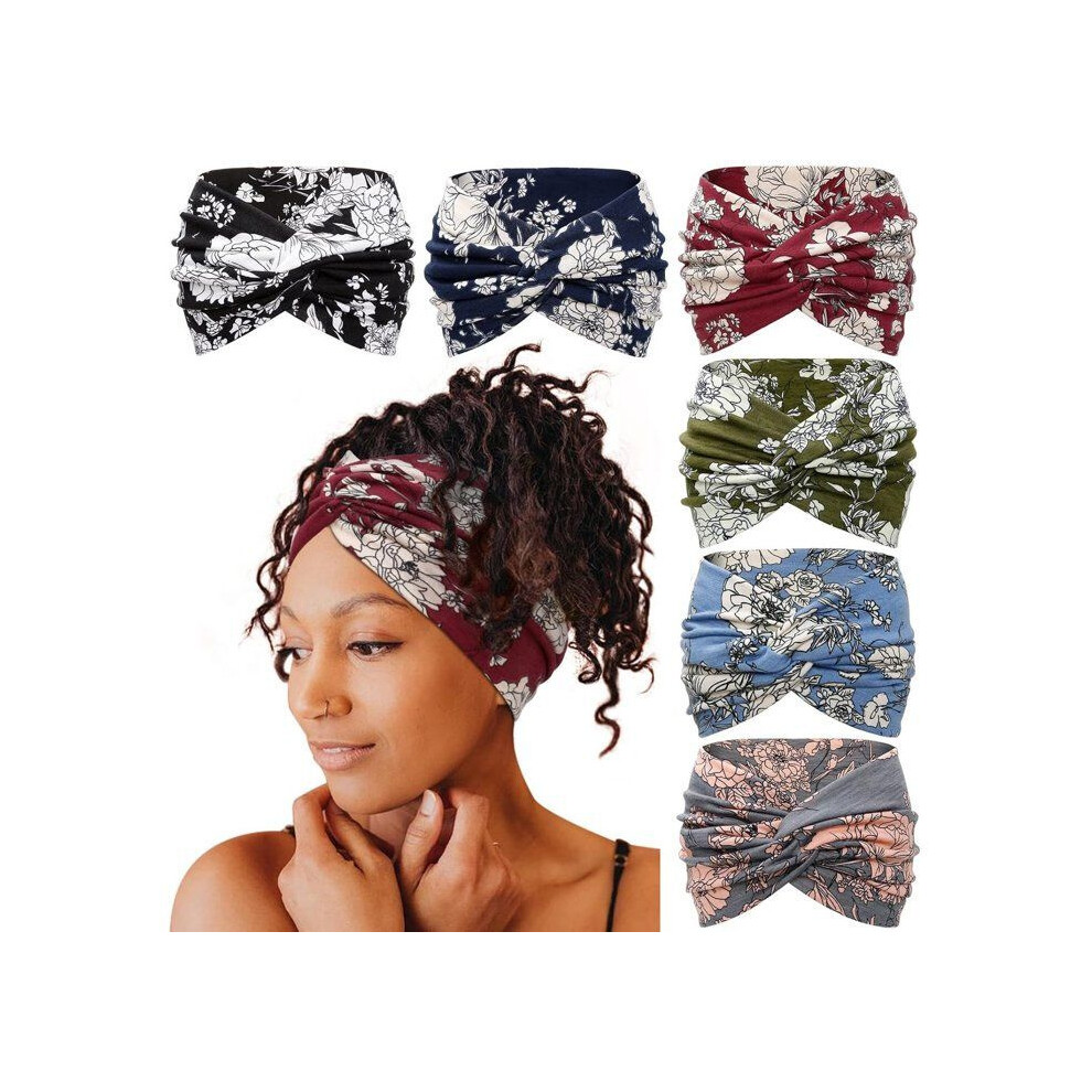 Womenâs Floral Twisted Headbands, 6 Pack, 18 cm Boho Print Hair Accessories, Stretchy Headbands for Everyday Wear
