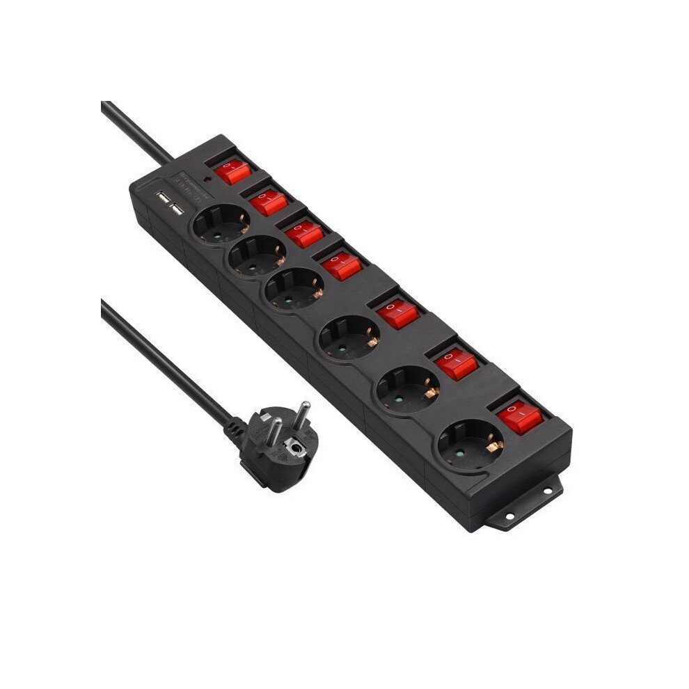 6 Way Power Strip With 2 Usb Ports, 2M Cable, 3680W 16A, Individual Switches, Black 3153599222111