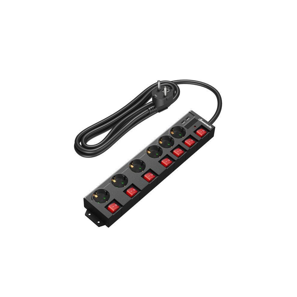 6 Way Power Strip With 2 Usb Ports, 3680W 16A, 3M Cable, Black, Individual Switches 3153599222210