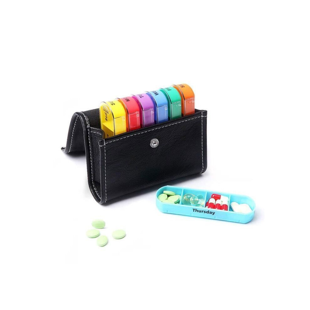 7 Day Pill Organizer 4 Times A Day With Pu Pouch, 28 Colorful Compartments For Vitamins And Medicine, Portable Black