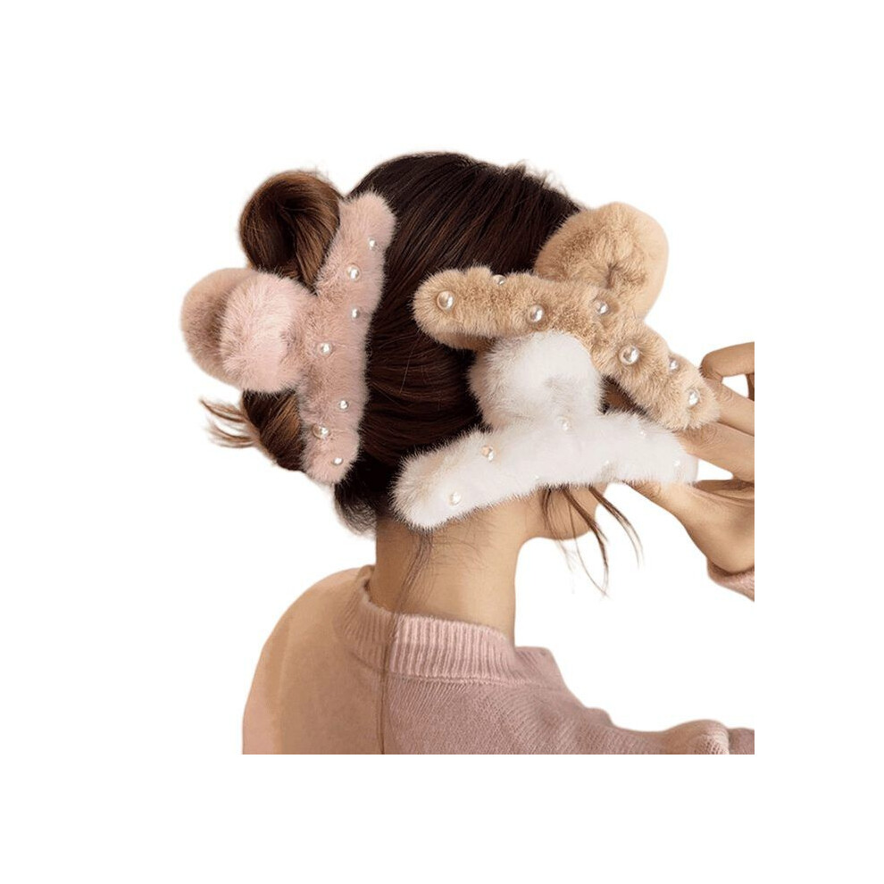 Plush Hair Claw Clip with Faux Pearls, Autumn and Winter Hair Accessory for Women and Girls