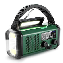 Radio portable d'extérieur AM/FM à manivelle, rechargeable par énergie solaire et USB, batterie externe 10 000 mAh avec lampe, vert foncé